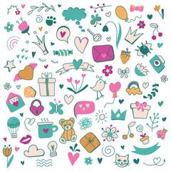 set of hand-drawn elements for Valentine's Day. All objects are separated. Vector illustration. Valentine's Day. Doodle. Use for concept design.