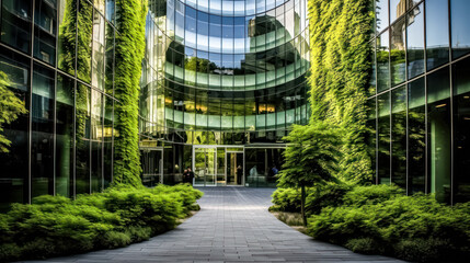 Sustainable green building eco friendly glass office with trees to reduce CO2.
