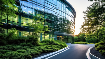Sustainable green building eco friendly glass office with trees to reduce CO2.