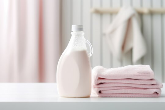 White bottle of fabric detergent and a pile of clean linen in the laundry room
