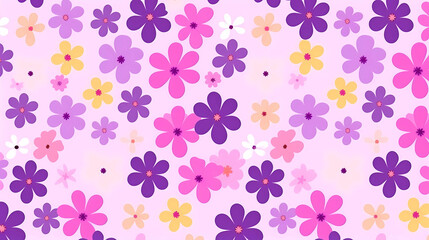 Geometric raster abstract floral ornament simple minimalist seamless pattern. ornamental texture with flower shapes in purple, yellow, pink with pink background. 