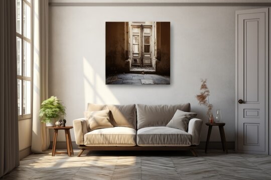 Modern minimal living room interior with art picture on the wall, designer touch decoration.  Contemporary living space