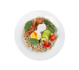 Delicious boiled oatmeal with poached egg, bacon, avocado and tomato isolated on white, top view