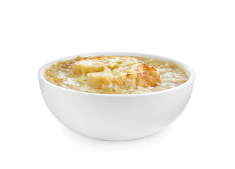 Delicious onion soup with croutons in bowl isolated on white