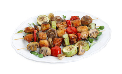 Delicious shish kebabs with vegetables and microgreens isolated on white