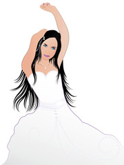 Wedding theme colorful illustration of young woman in white dress dancing scene