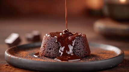 molten lava cake, with the flowing chocolate captured mid-eruption, shot in profile against a classic, luxurious velvet backdrop, under natural light.