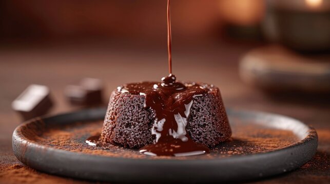 Naklejki molten lava cake, with the flowing chocolate captured mid-eruption, shot in profile against a classic, luxurious velvet backdrop, under natural light.