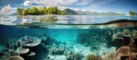 El Nino causes light-colored coral in shallow water, French Polynesia, Pacific Ocean. - obrazy, fototapety, plakaty