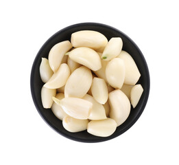 Fototapeta na wymiar Peeled cloves of fresh garlic in bowl isolated on white, top view