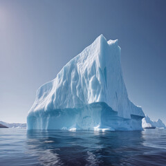 Giant white iceberg in the ocean against a blue sky.