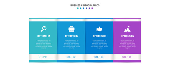 Timeline infographic with infochart. Modern presentation template with 4 spets for business process. Website template on white background for concept modern design. Horizontal layout.