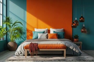 Modern bedroom interior with trendy combination of  blue and orange colors elements