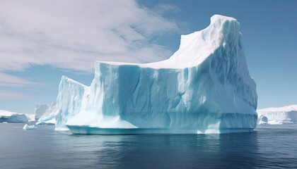 Giant white iceberg in the ocean against a blue sky.