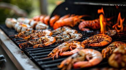 Close up view of seafood on a barbecue grill in the backyard - obrazy, fototapety, plakaty