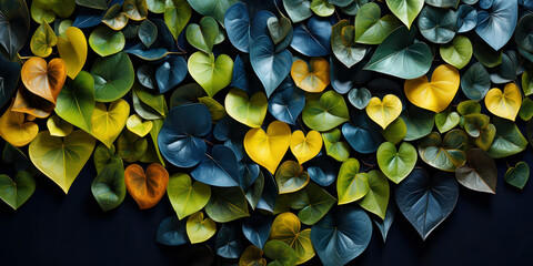Varied heart-shaped leaves in a spectrum of aquatic tones - obrazy, fototapety, plakaty