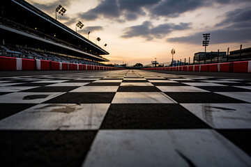 International circuit speed track finish line in empty stadium asphalt. Racing car above to cross...