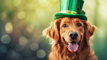 Cute Dog with Green St. Patrick's Day Hat on a bokeh background.