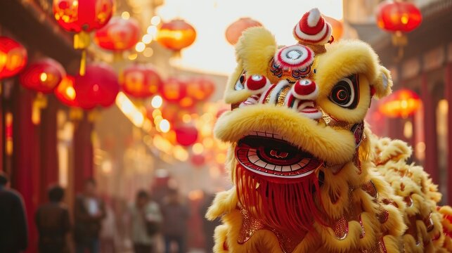 Chinese traditional lion, Lunar New Year celebration, Chinese New Year