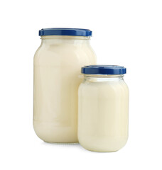Fresh mayonnaise sauce in glass jars isolated on white