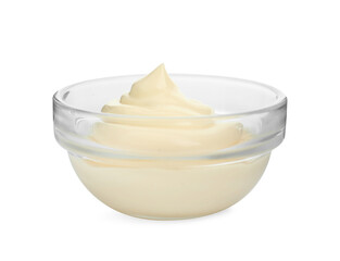 Fresh mayonnaise sauce in glass bowl isolated on white