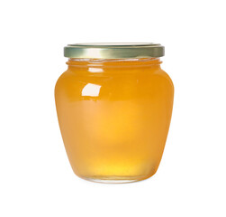 Tasty natural honey in glass jar isolated on white