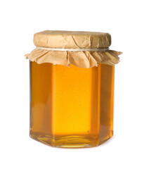 Tasty natural honey in glass jar isolated on white