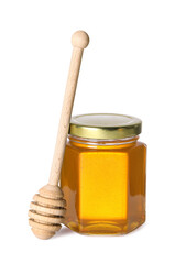 Tasty natural honey in glass jar and dipper isolated on white