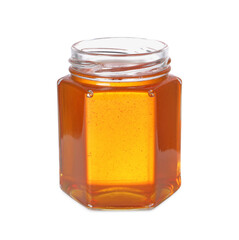 Tasty natural honey in glass jar isolated on white