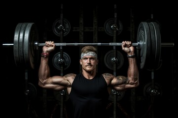 Powerful man with gym barbell training. Sport extreme ape male exercise. Generate Ai