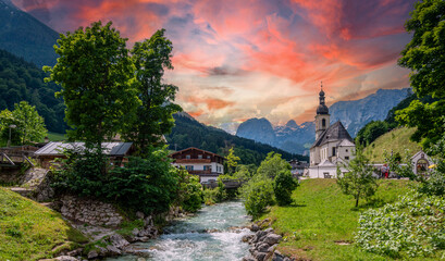 Ramsau near Berchtesgaden with church and alps