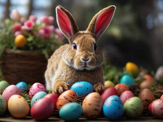 Fototapeta na wymiar The Easter bunny, surrounded by vibrantly painted eggs. Generated with AI
