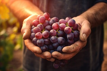 Ripe red grape in farmer hands with sunlights - obrazy, fototapety, plakaty