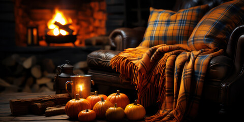 A warm, inviting fireside setting with seasonal pumpkins and a snug throw