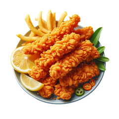 Crispy fried chicken strips and french fries isolated in transparent background PNG