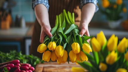 Hands of woman arranging yellow tulips at easter dining table - obrazy, fototapety, plakaty