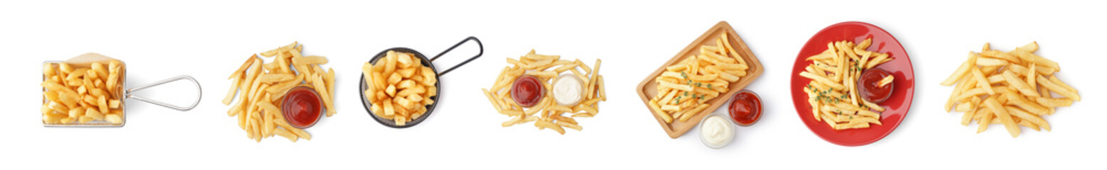 Set of tasty french fries on white background, top view