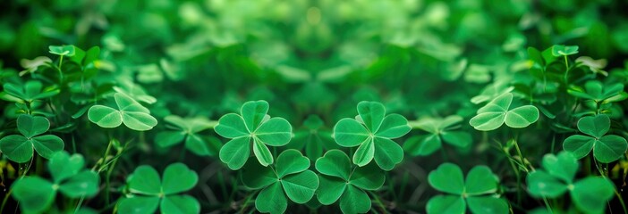 Fototapeta na wymiar Green background with three-leaved shamrocks, Lucky Irish Four Leaf Clover in the Field for St. Patricks Day holiday symbol