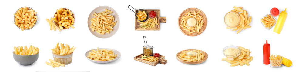 Set of delicious french fries on white background - obrazy, fototapety, plakaty