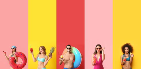 Set of young people in beachwear and with cocktails on color background