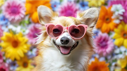 Lovely smiling dog in heart shaped pink sunglasses against a colorful floral background. Valentine’s Day and love concept. - obrazy, fototapety, plakaty