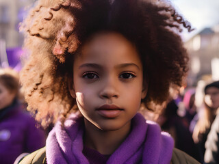 Portrait of little African American girl, Brazilian, Afro, dressed in purple in 8M feminist...