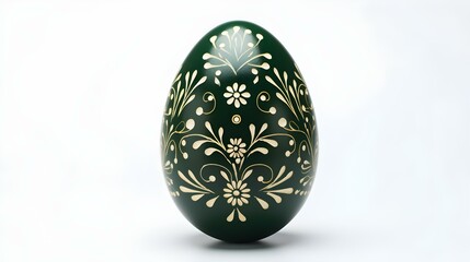 Hand Painted Easter Egg in dark green Colors on a white Background. Elegant Easter Template with Copy Space