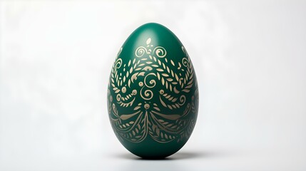 Hand Painted Easter Egg in dark green Colors on a white Background. Elegant Easter Template with Copy Space