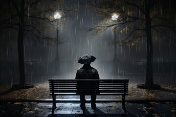 Mysterious Man rain bench. Park autumn. Generate Ai