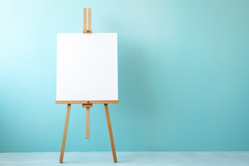 Wooden easel with blank canvas on blue background
