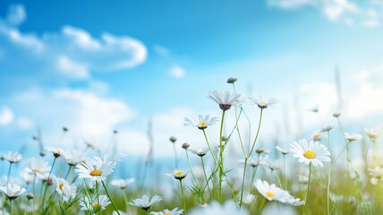 Beautiful meadow daisy flowers blue sky field photography