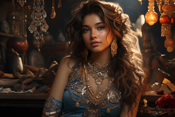 Beautiful girl with set jewelry . Woman in a necklace with a ring, earrings and a bracelet.