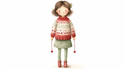 Fototapeta premium Cute character girl watercolor illustration in Christmas style on white background. Red and green colors. 