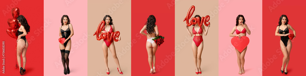 Canvas Prints Set of sexy young woman in underwear on color background. Valentine's Day celebration